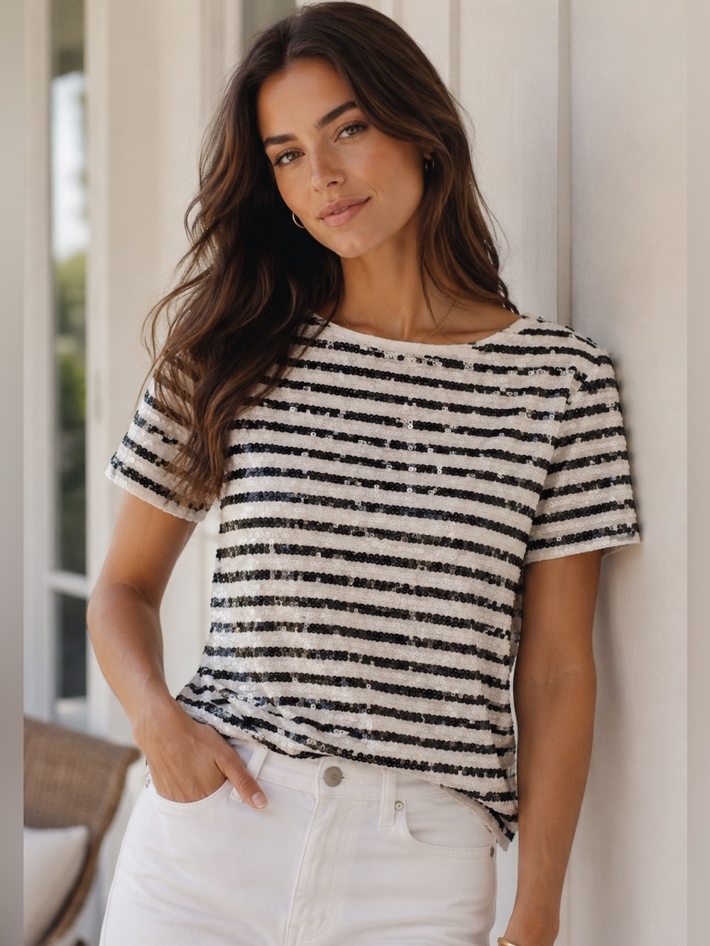 J.Crew Black Ivory Sequin Stripe Tee Bateau Neck Nautical Coastal Top
